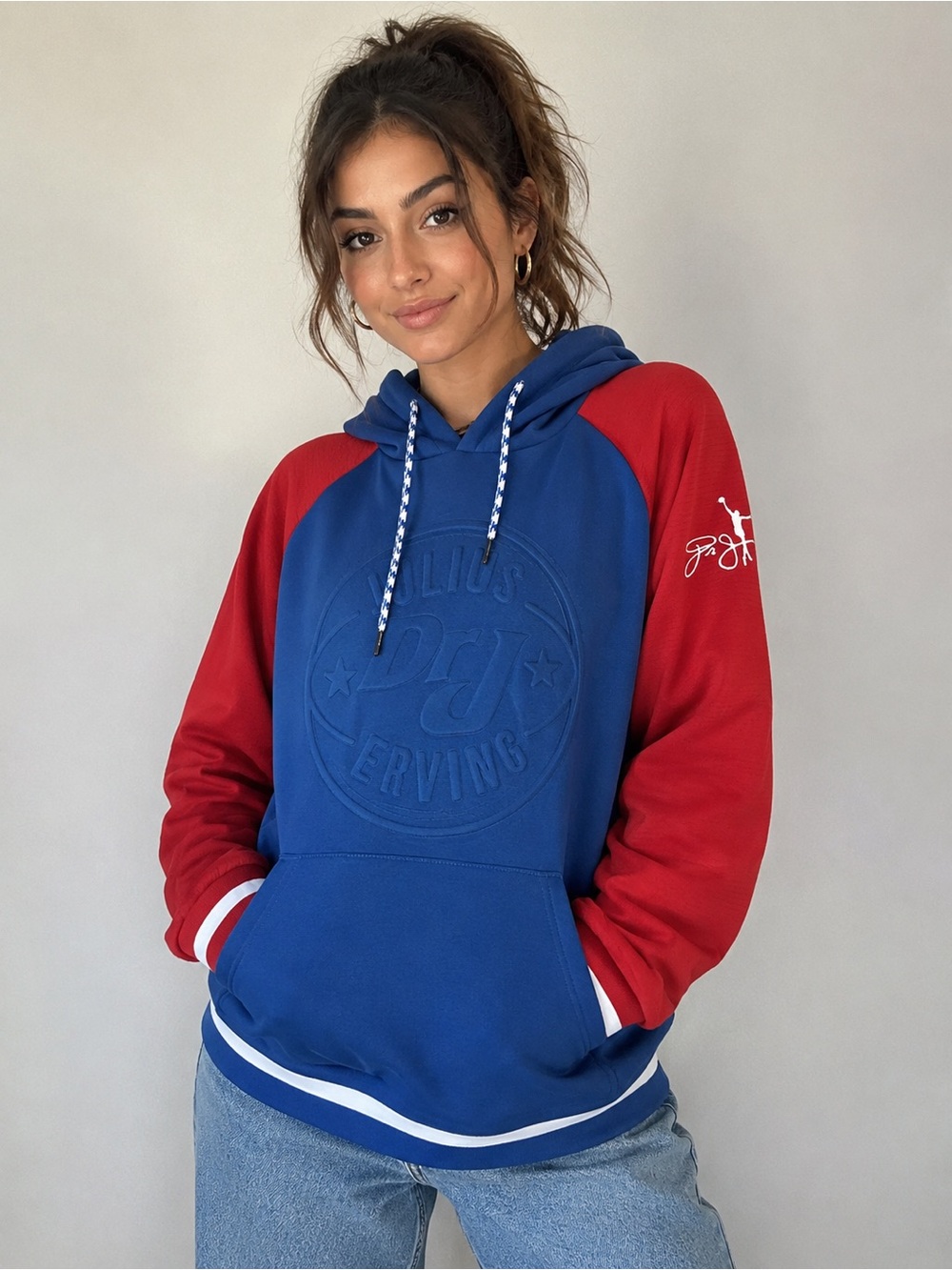 Dr J Julius Erving Hoodie Womens XL Blue Red Colorblock Pullover Sweatshirt